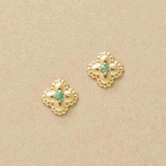 18K/10K Emerald Milgrain Flower Stud Earrings (Yellow Gold) - Product Image