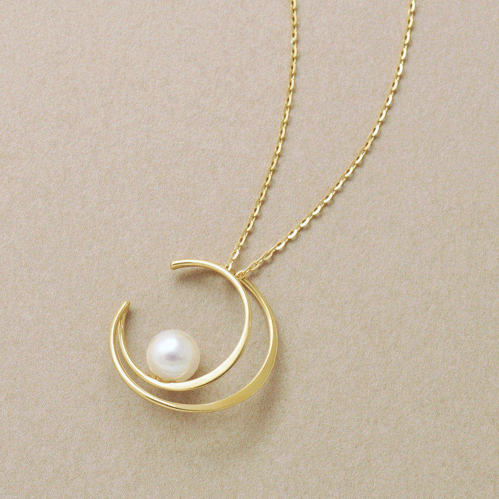 10K Akoya Pearl Crescent Design Necklace (Yellow Gold) - Product Image