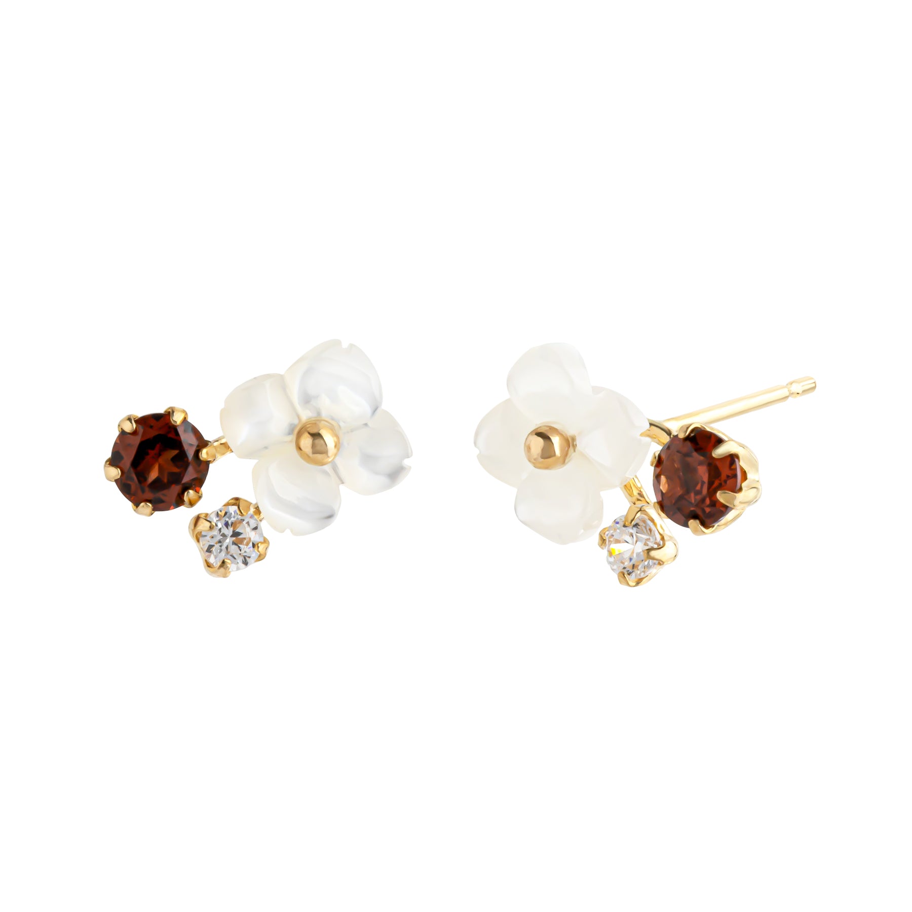 18K/10K White Shell Garnet Flower Stud Earrings (Yellow Gold) - Product Image