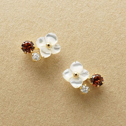 18K/10K White Shell Garnet Flower Stud Earrings (Yellow Gold) - Product Image