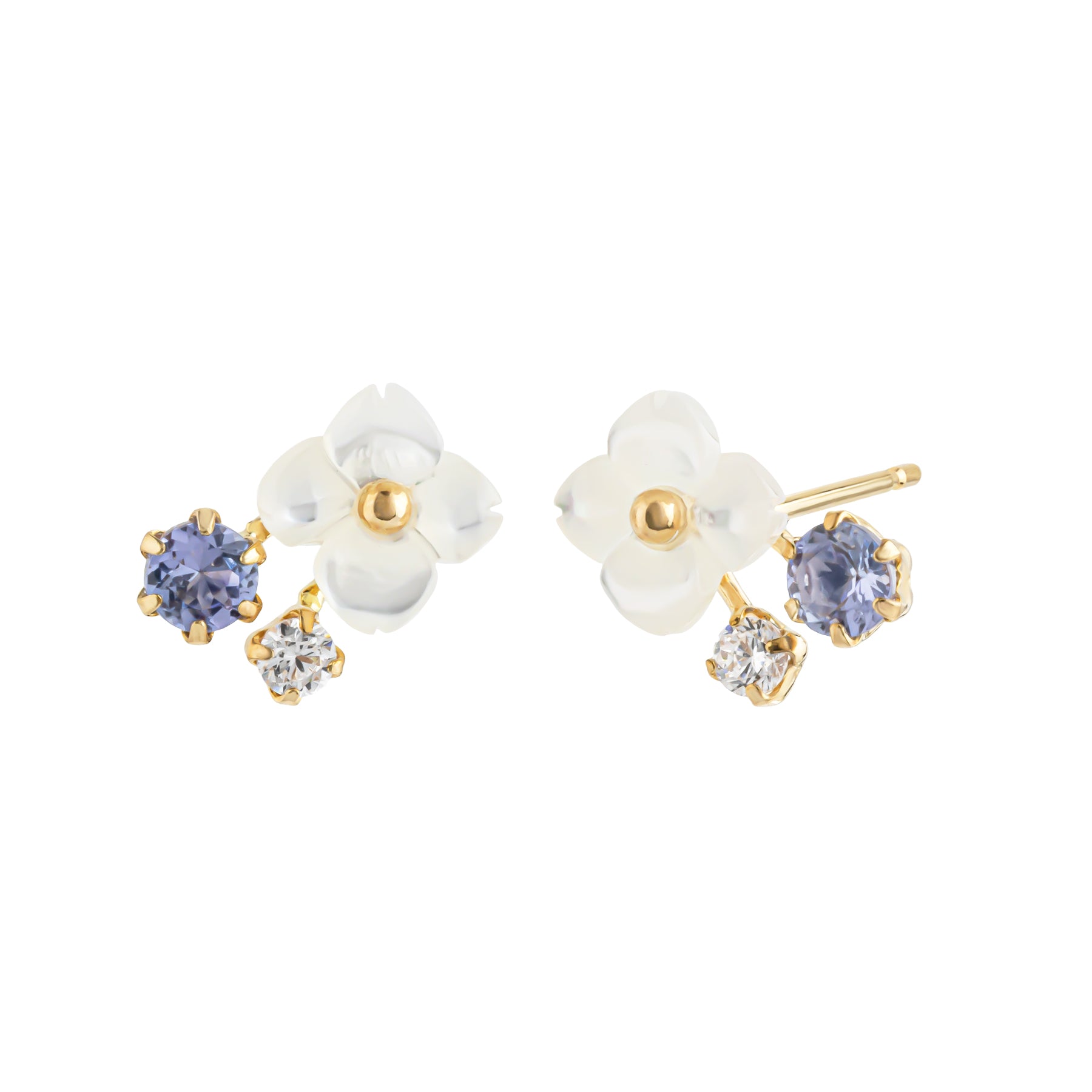 18K/10K White Shell Flower Tanzanite Stud Earrings (Yellow Gold) - Product Image