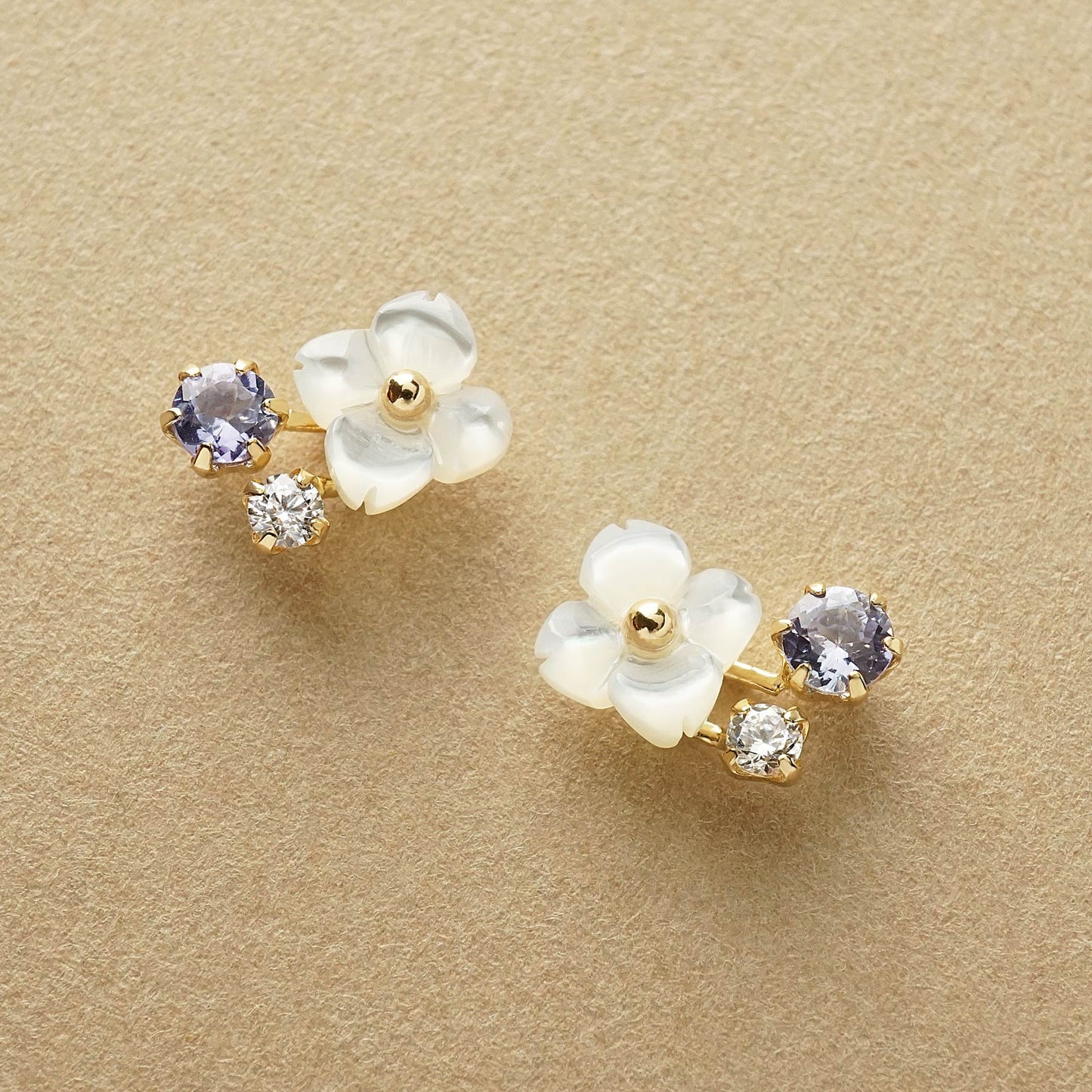 18K/10K White Shell Flower Tanzanite Stud Earrings (Yellow Gold) - Product Image