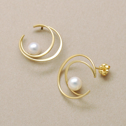18K/10K Akoya Pearl Crescent Design Earrings (Yellow Gold) - Product Image