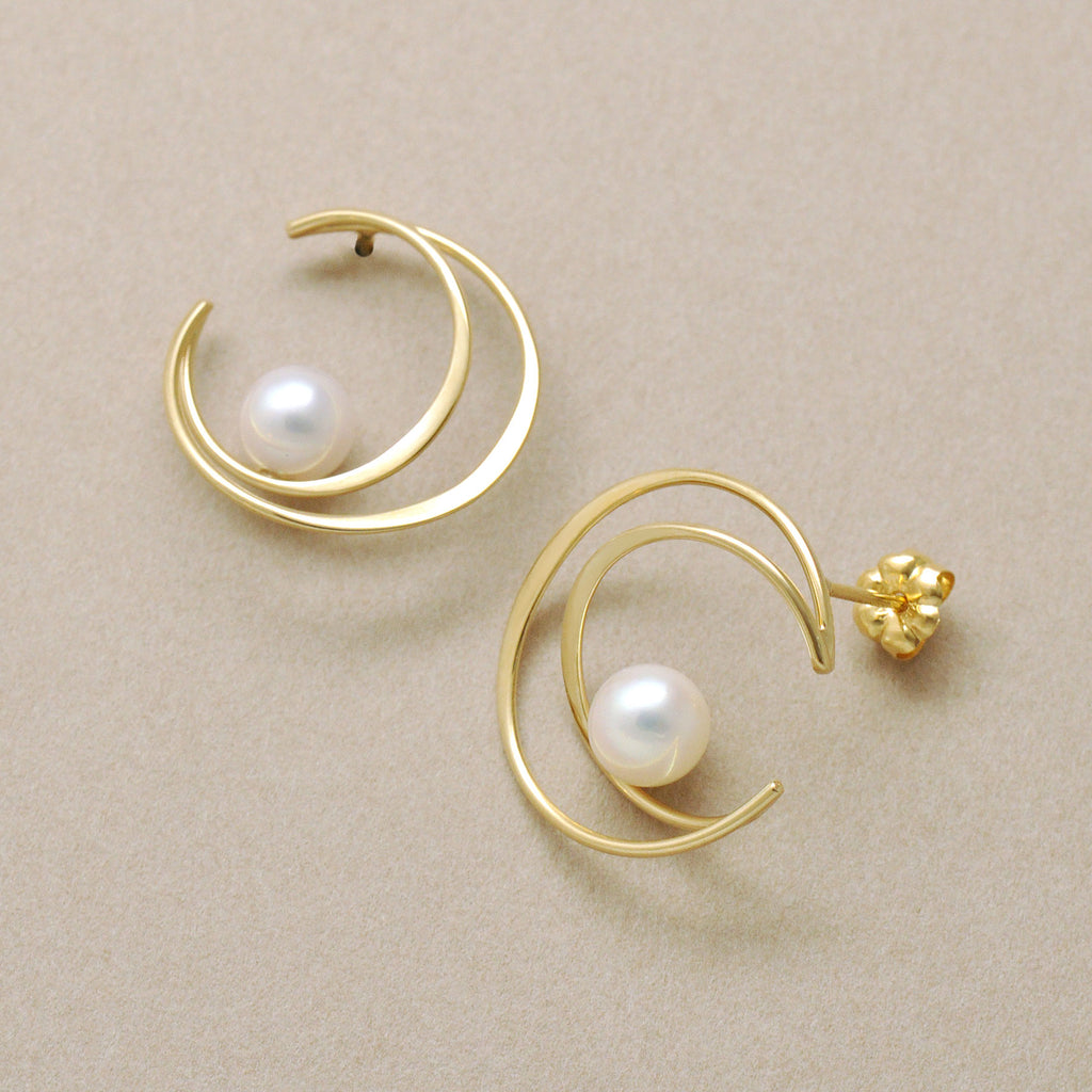 18K/10K Akoya Pearl Crescent Design Earrings (Yellow Gold) - Product Image