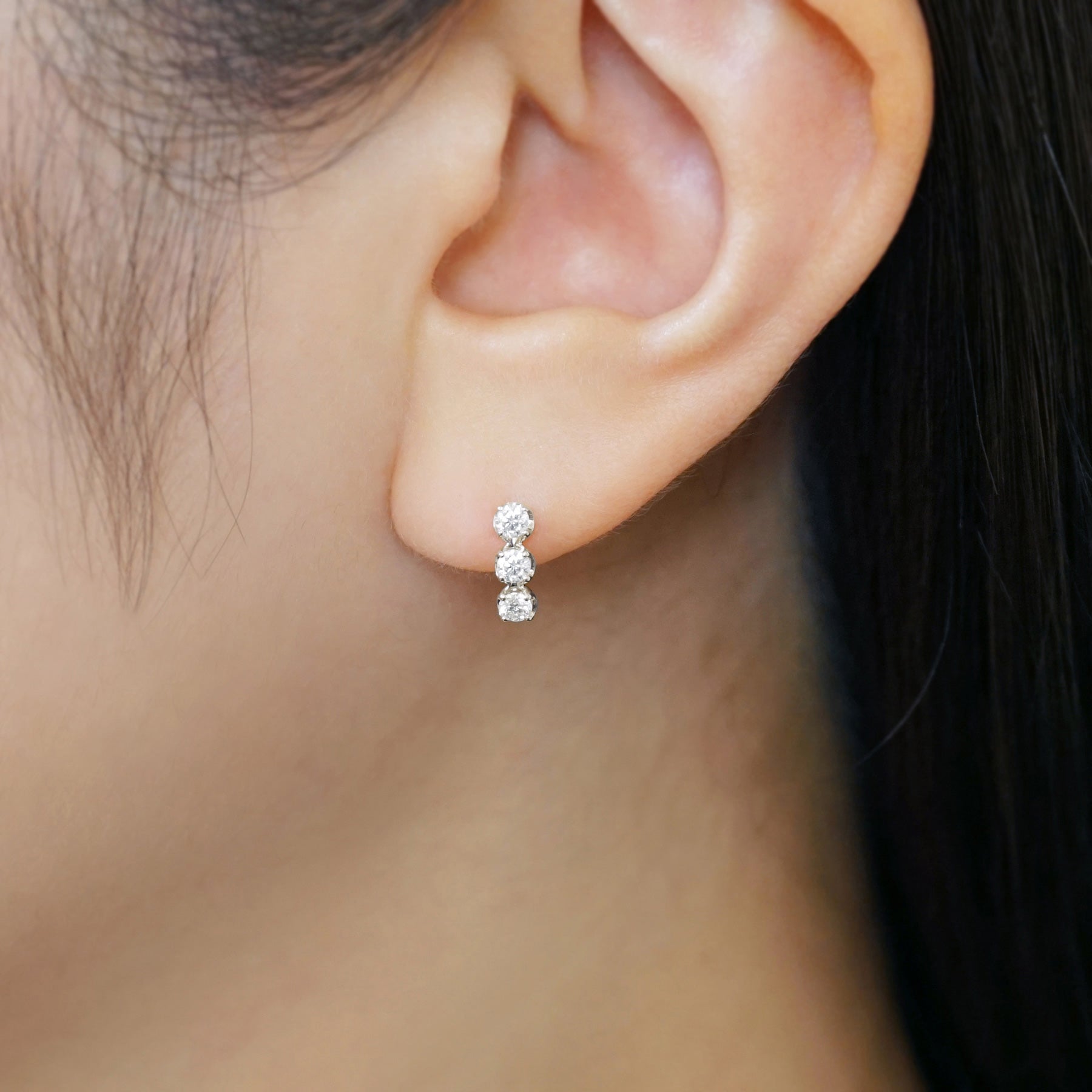 14K/10K Moissanite Trilogy Earrings (White Gold) - Model Image