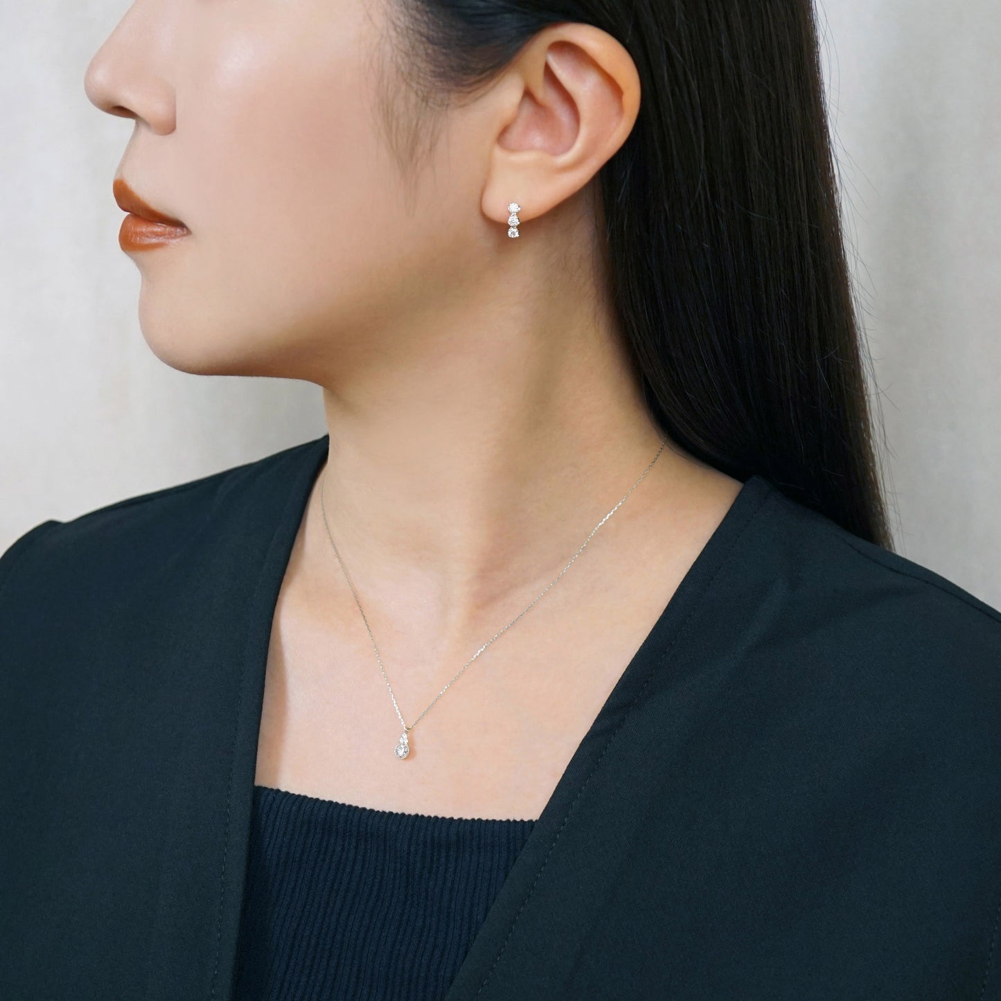 14K/10K Moissanite Trilogy Earrings (White Gold) - Model Image