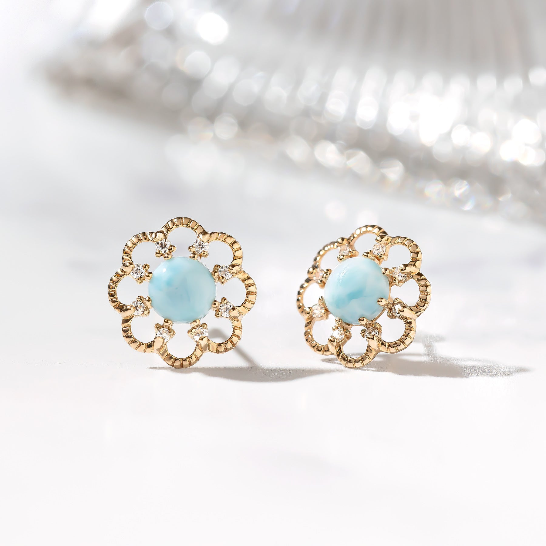 18K/10K Larimar x Moissanite Earrings [Wave Circle] (Yellow Gold) - Product Image