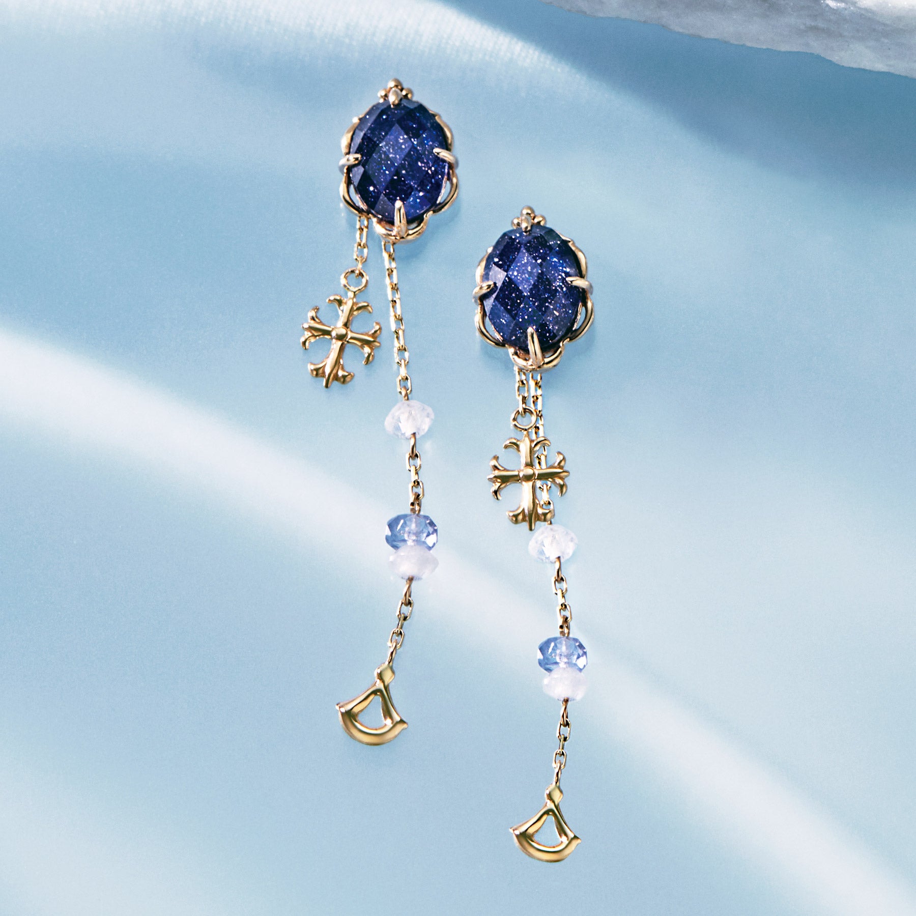 18K/10K 3Way Blue Goldstone Earrings [Mirror in the Sea] (Yellow Gold) - Product Image