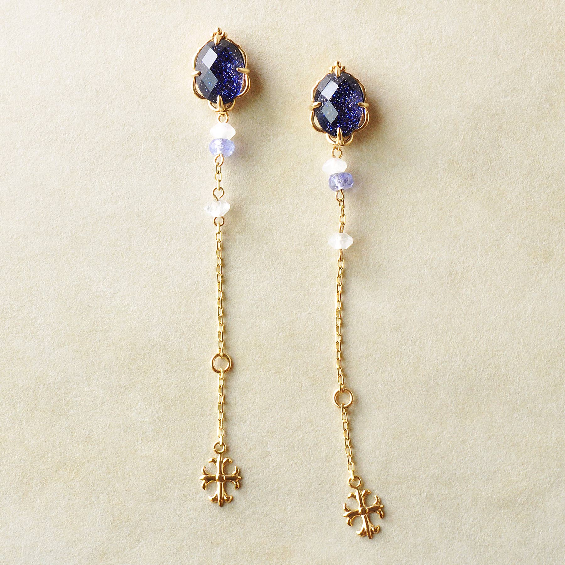 18K/10K 3Way Blue Goldstone Earrings [Mirror in the Sea] (Yellow Gold) - Product Image