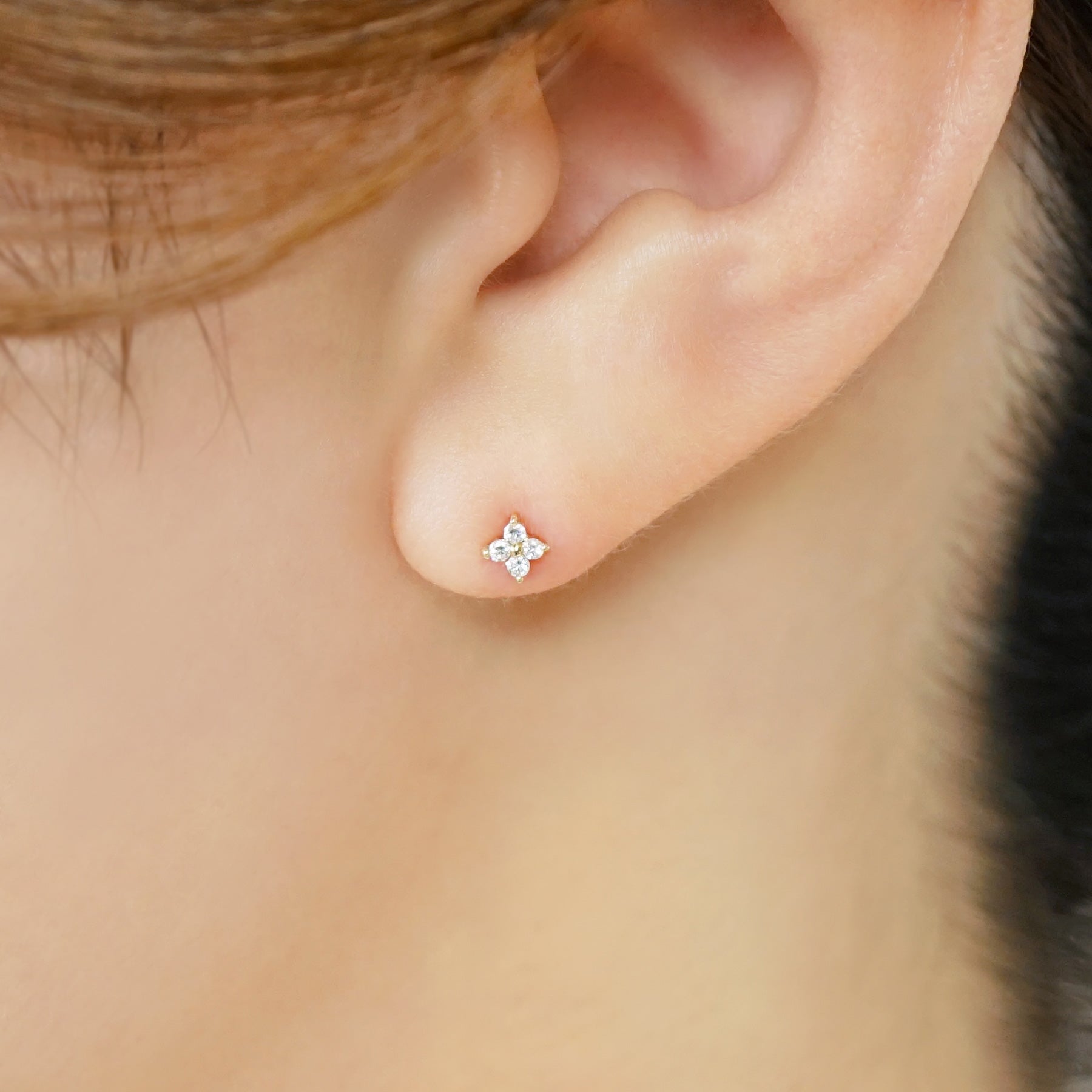 18K/10K Diamond Mini Flower Earrings (Yellow Gold) - Model Image