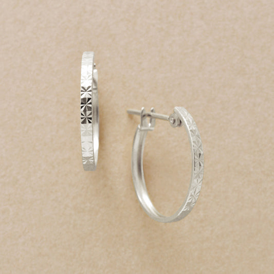 14K/10K Flower Cut Slim Hoop Earrings (White Gold) - Product Image