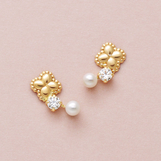 18K/10K Freshwater Pearl Milgrain Flower Earrings (Yellow Gold) - Product Image