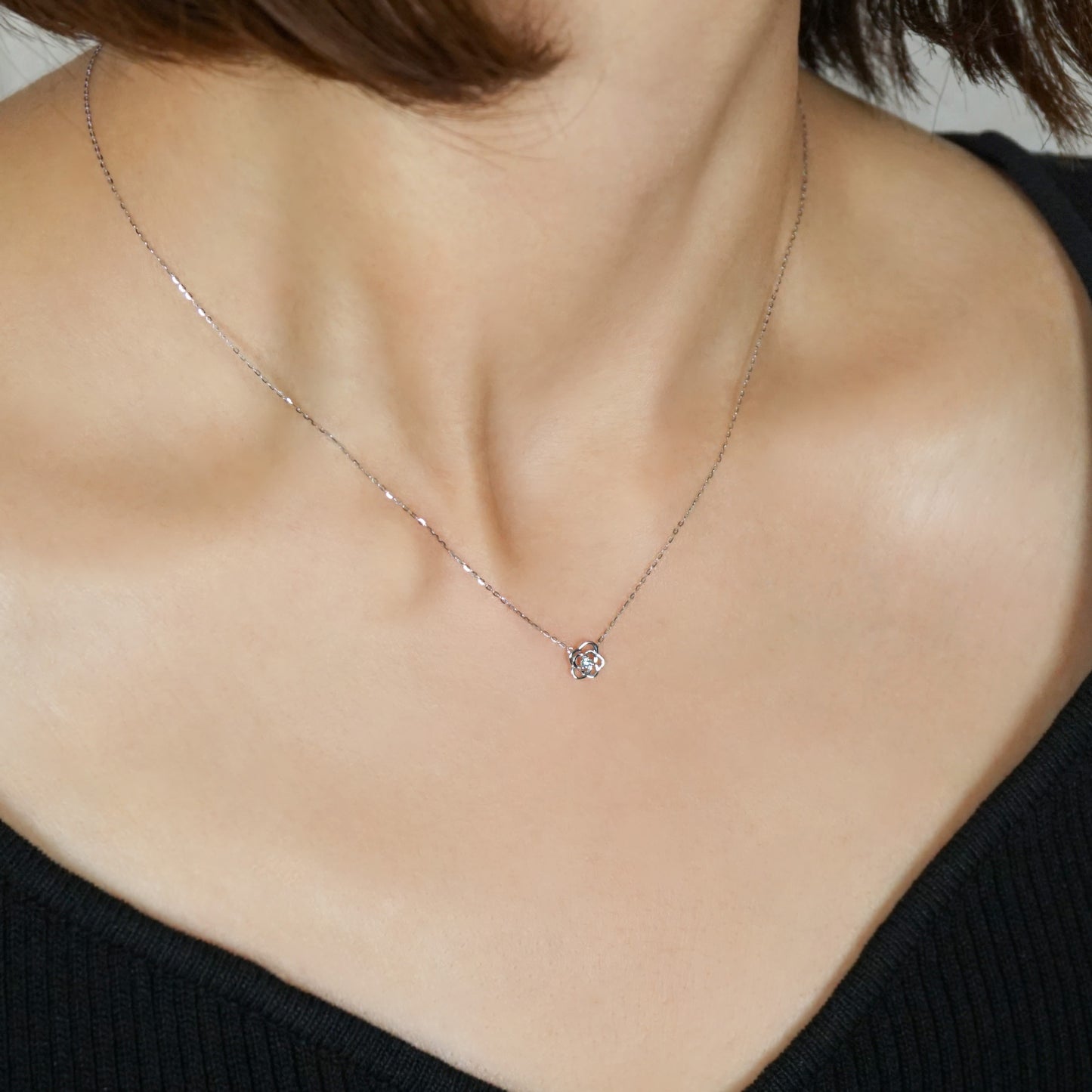 10K Diamond Openwork Flower Necklace (White Gold) - Model Image