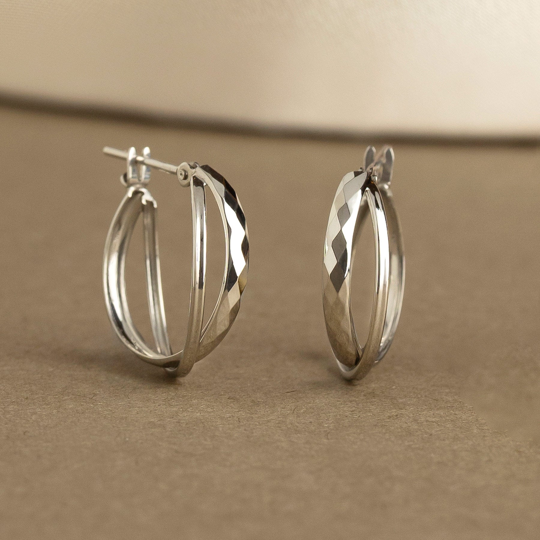 14K/10K Mixed Cut Double Hoop Earrings (White Gold) - Product Image