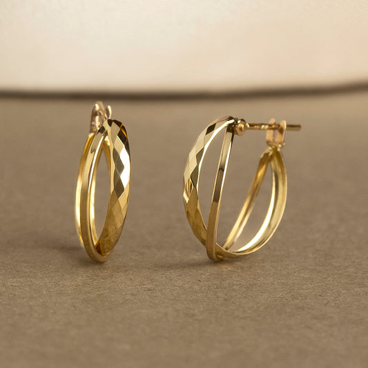 18K/10K Mixed Cut Double Hoop Earrings (Yellow Gold) - Product Image