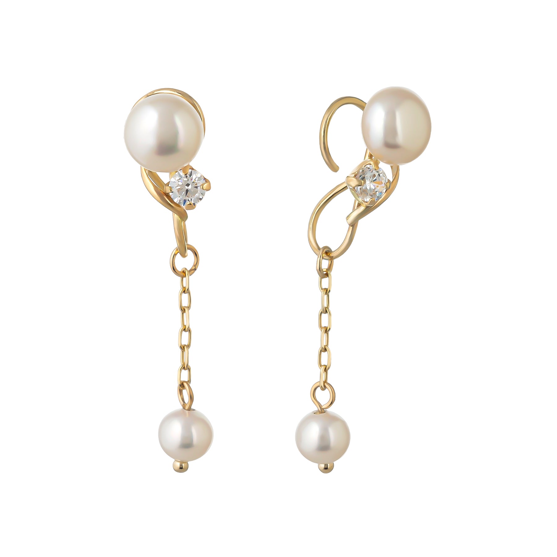 [Airy Clip-On Earrings] Swinging Pearl Charm Earrings (Yellow Gold) - Product Image