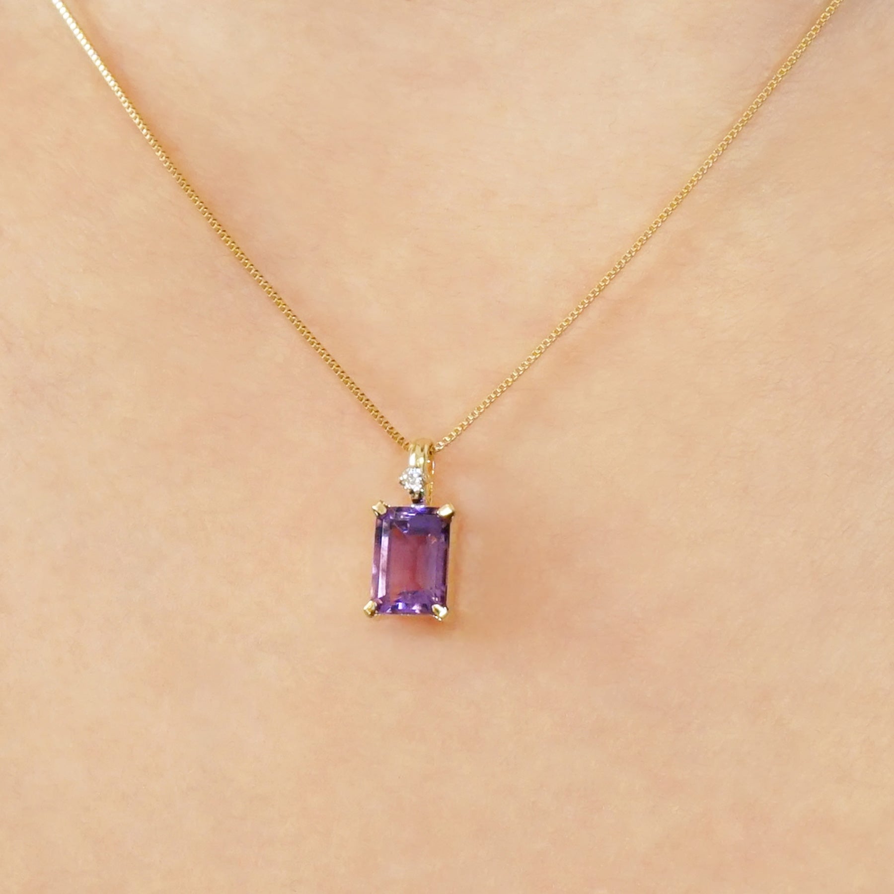 10K Amethyst Square Necklace Charm (Yellow Gold) - Model Image