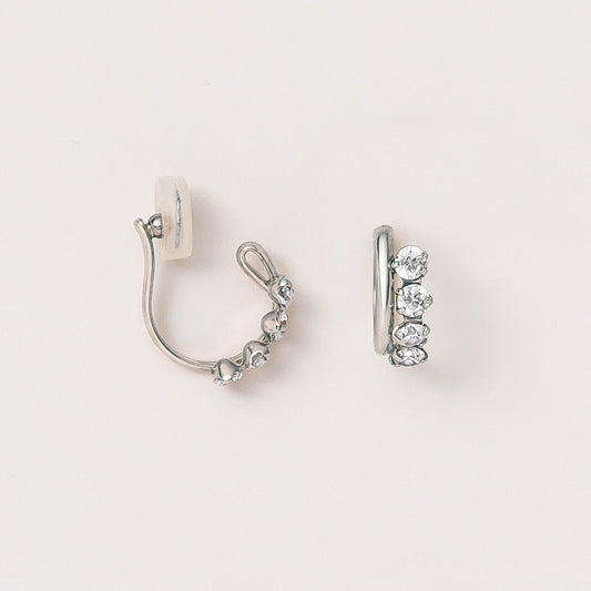 [Airy Clip-On Earrings] 4-Stone Glittering Circle Earrings (10K White Gold) - Product Image