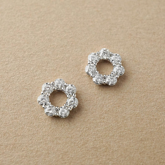 14K/10K Moissanite Circle Flower Earrings (White Gold) - Product Image