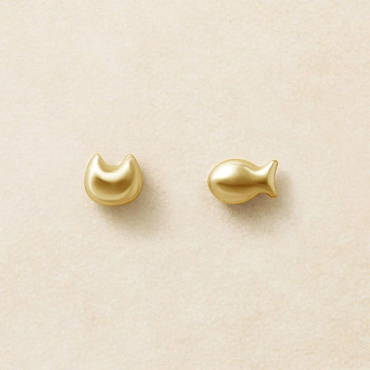 [Second Earrings] 18K Yellow Gold Yellow Cat & Fish Earrings - Product Image