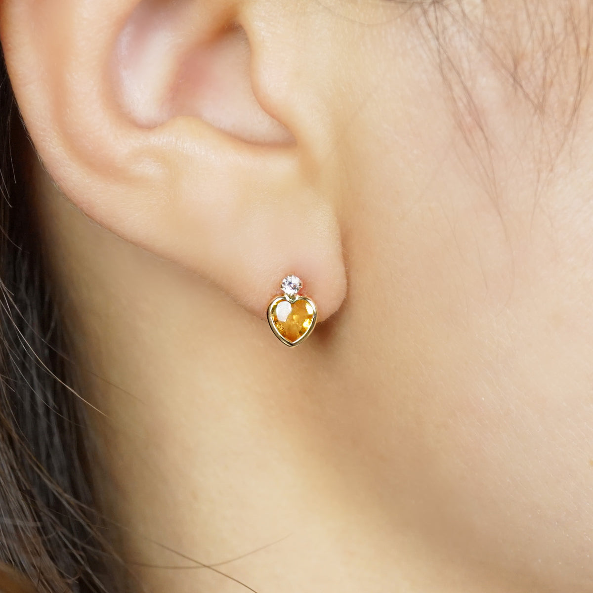 10K Citrine Heart Love Earrings (Yellow Gold) - Model Image