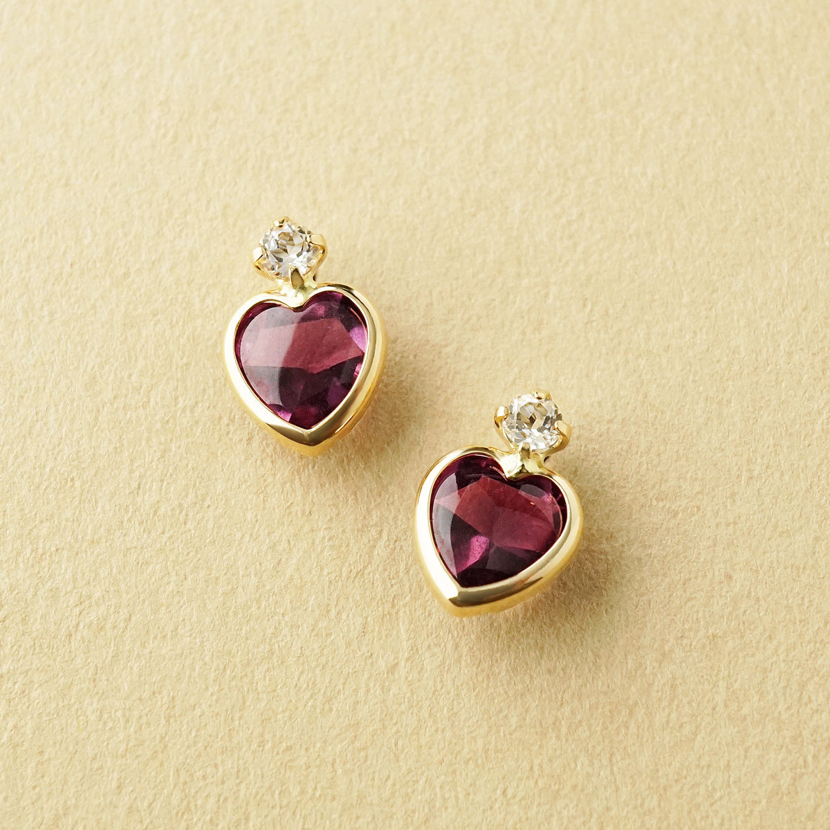 10K Rhodolite Garnet Heart Love Earrings (Yellow Gold) - Product Image