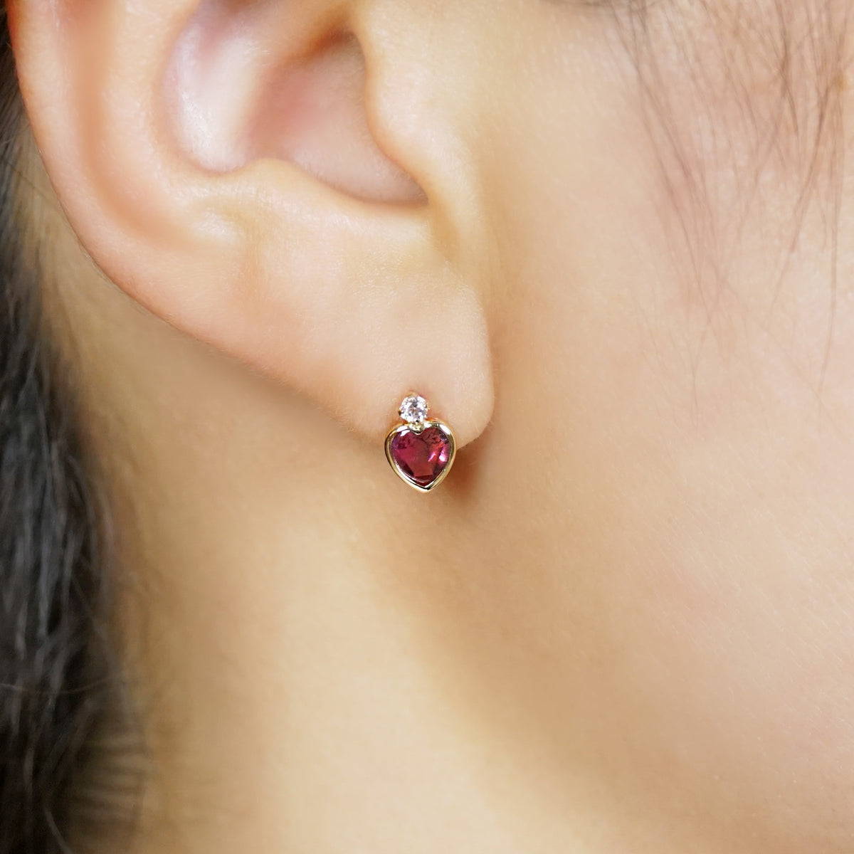 10K Rhodolite Garnet Heart Love Earrings (Yellow Gold) - Model Image