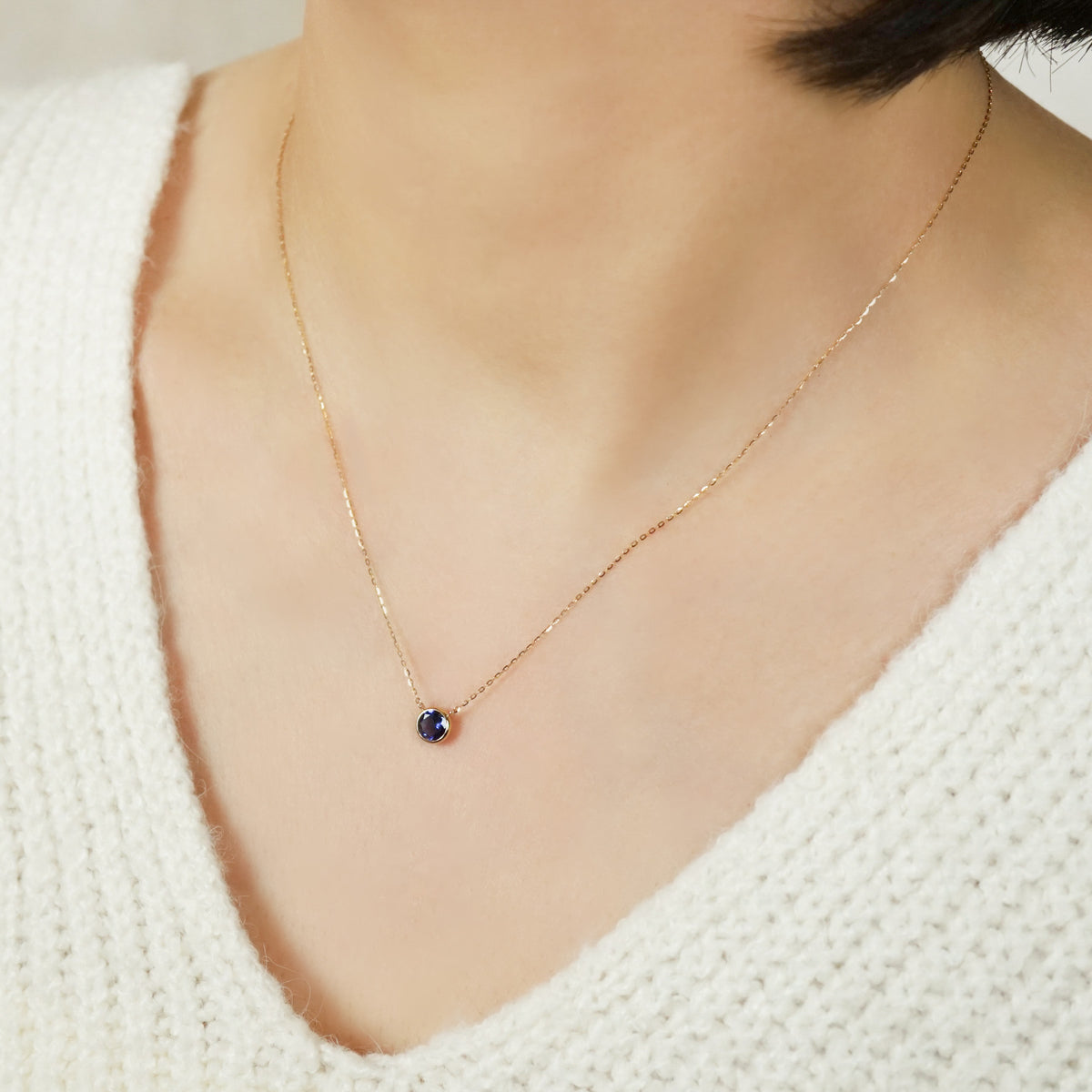 10K Iolite Solitaire Necklace (Yellow Gold) - Model Image