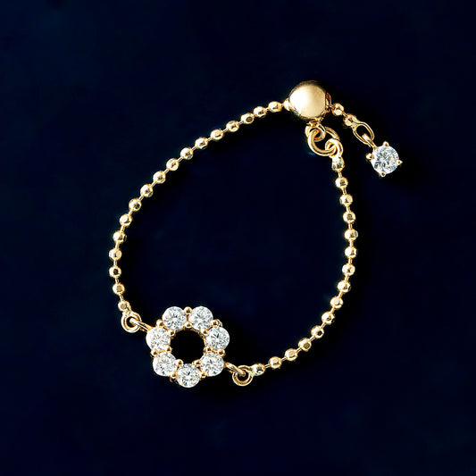 10K Moissanite Circle Flower Chain Ring (Yellow Gold) - Product Image