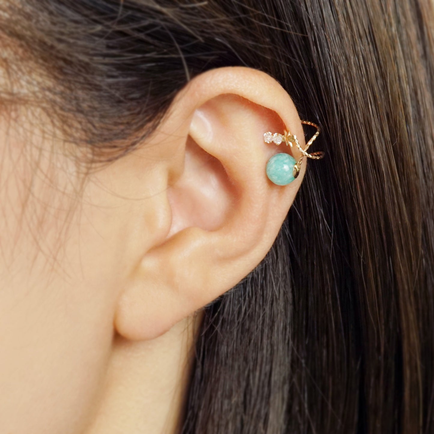 10K Planet Moissanite Ear Cuff (Yellow Gold) - Model Image