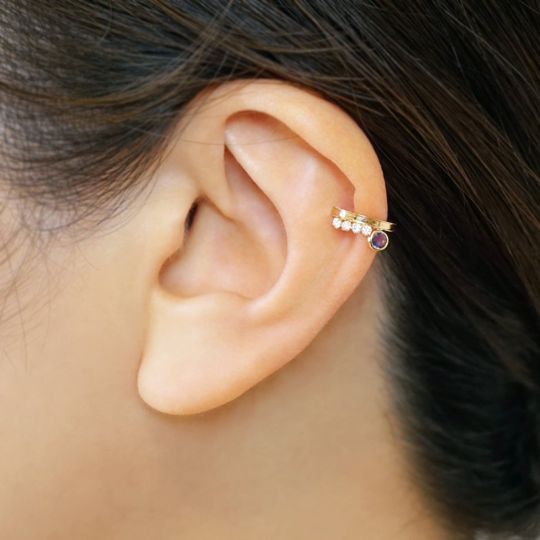 10K Iolite Moissanite Ear Cuff [Celestial Bodies] (Yellow Gold) - Model Image