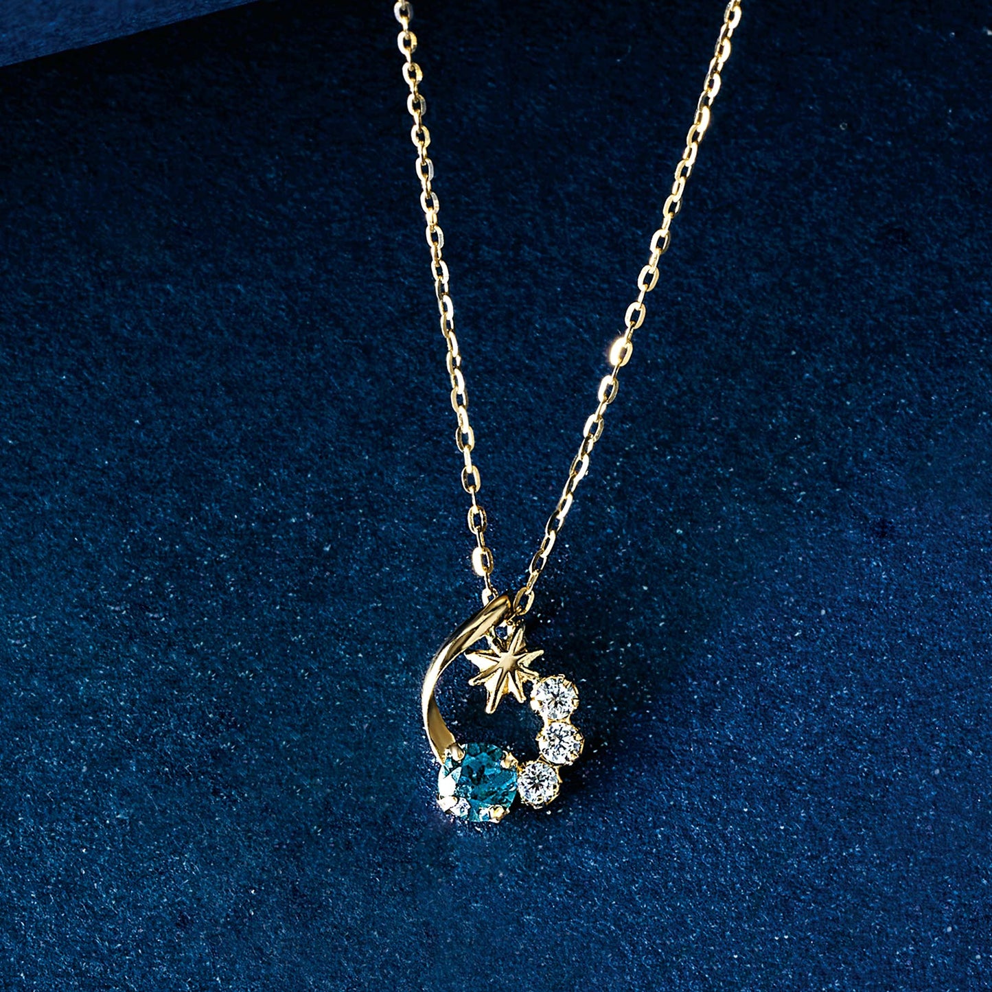 10K Blue Topaz and Moissanite Necklace [Falling Star] (Yellow Gold) - Product Image