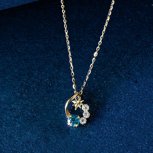 10K Blue Topaz and Moissanite Necklace [Falling Star] (Yellow Gold) - Product Image