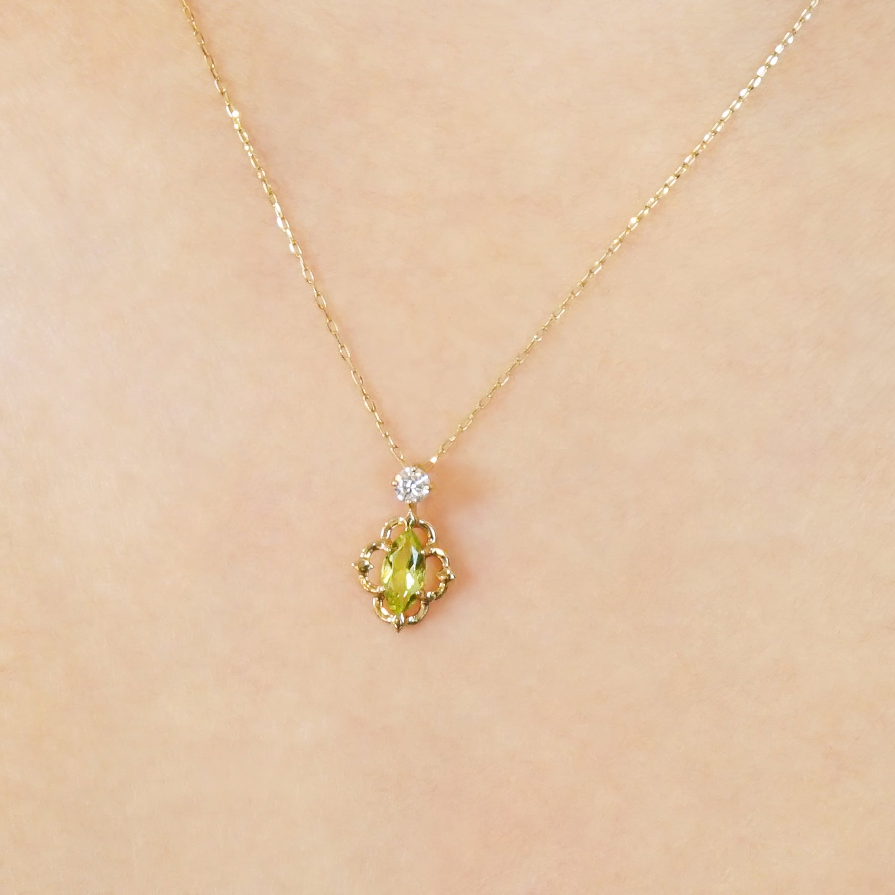 10K Peridot Moissanite Necklace [Nebula] (Yellow Gold) - Model Image