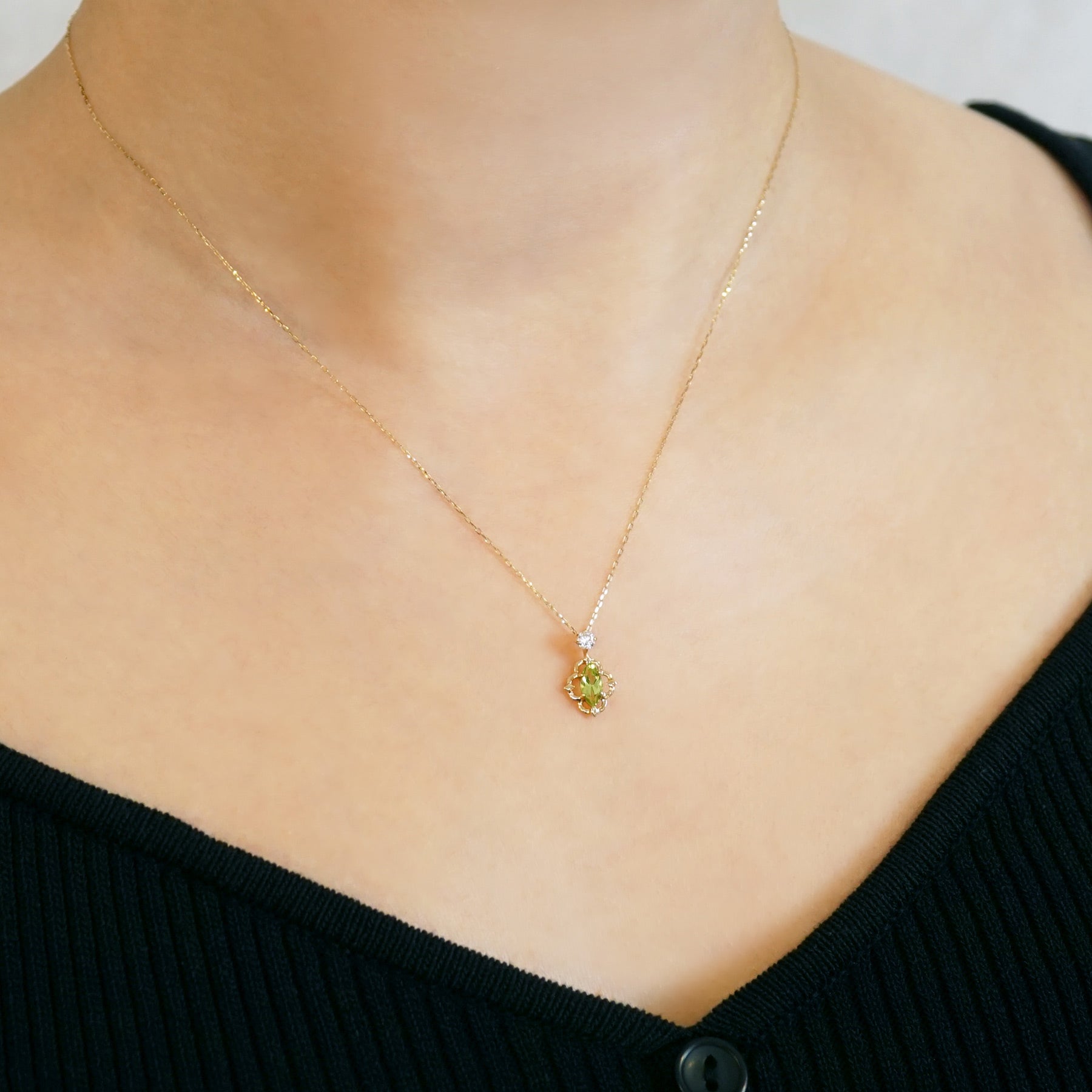 10K Peridot Moissanite Necklace [Nebula] (Yellow Gold) - Model Image