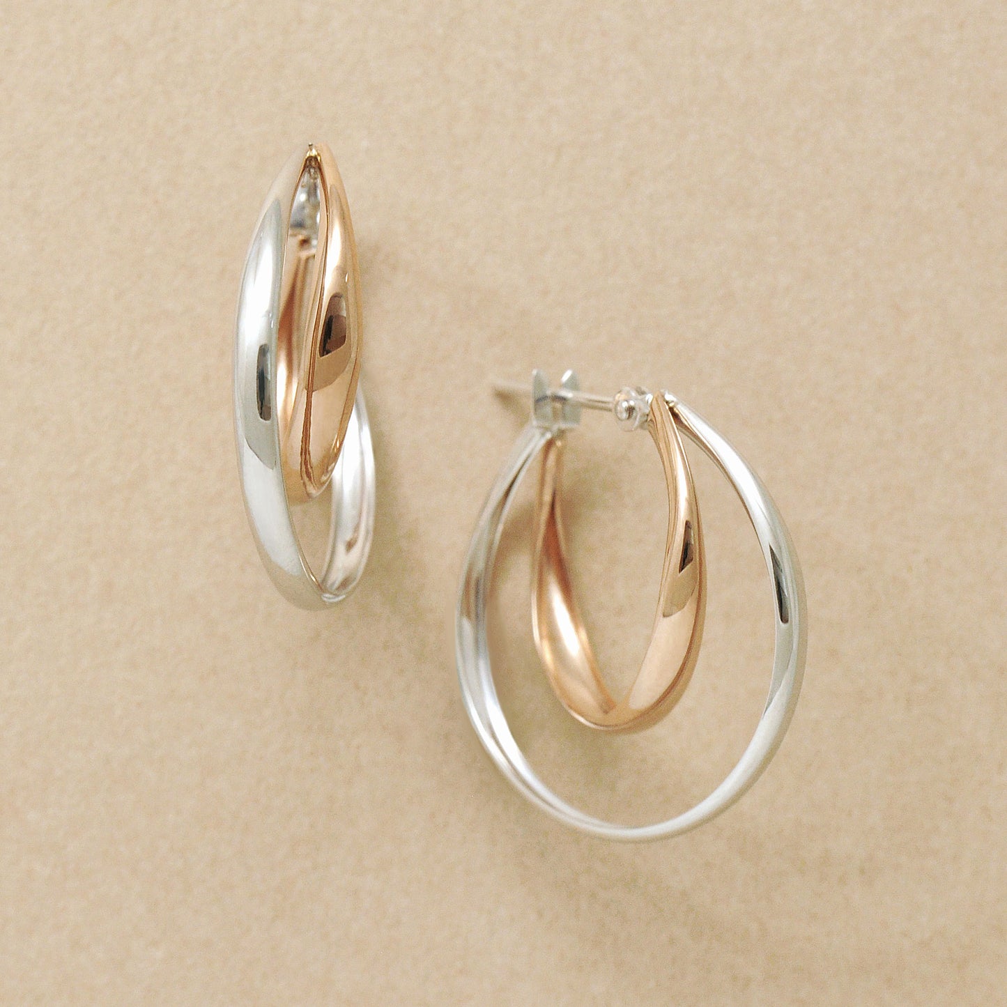 14K/10K Round Double Hoop Earrings (White Gold / Rose Gold) - Product Image