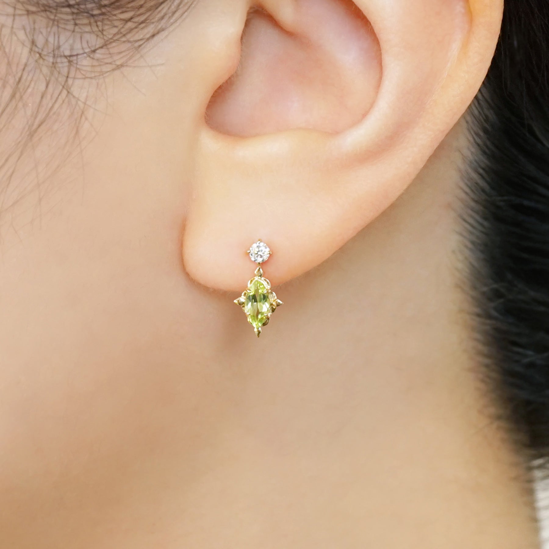 18K/10K Peridot and Moissanite Earrings [Nebula] (Yellow Gold) - Model Image