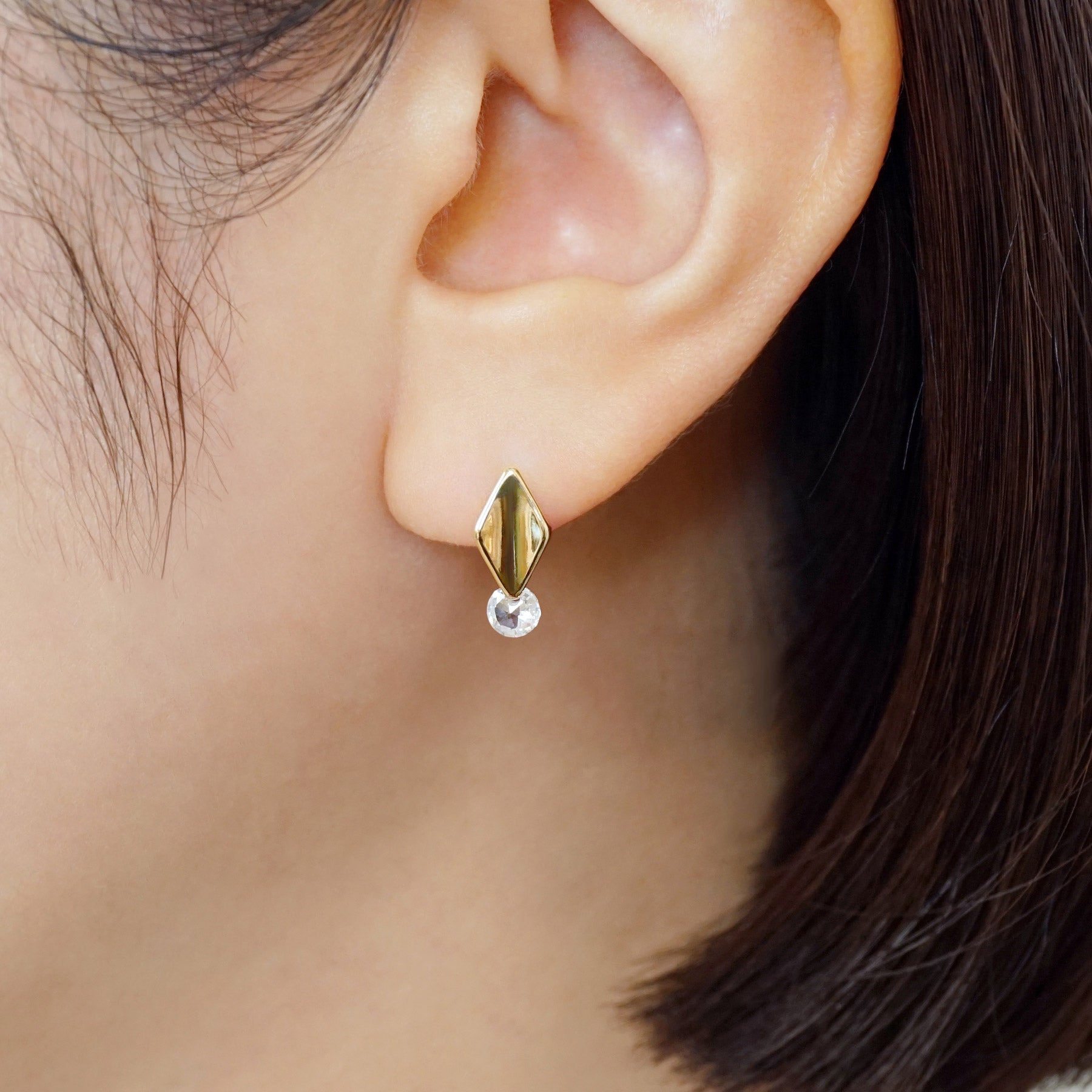 18K/10K Stylish Rhombus Earrings (Yellow Gold) - Model Image