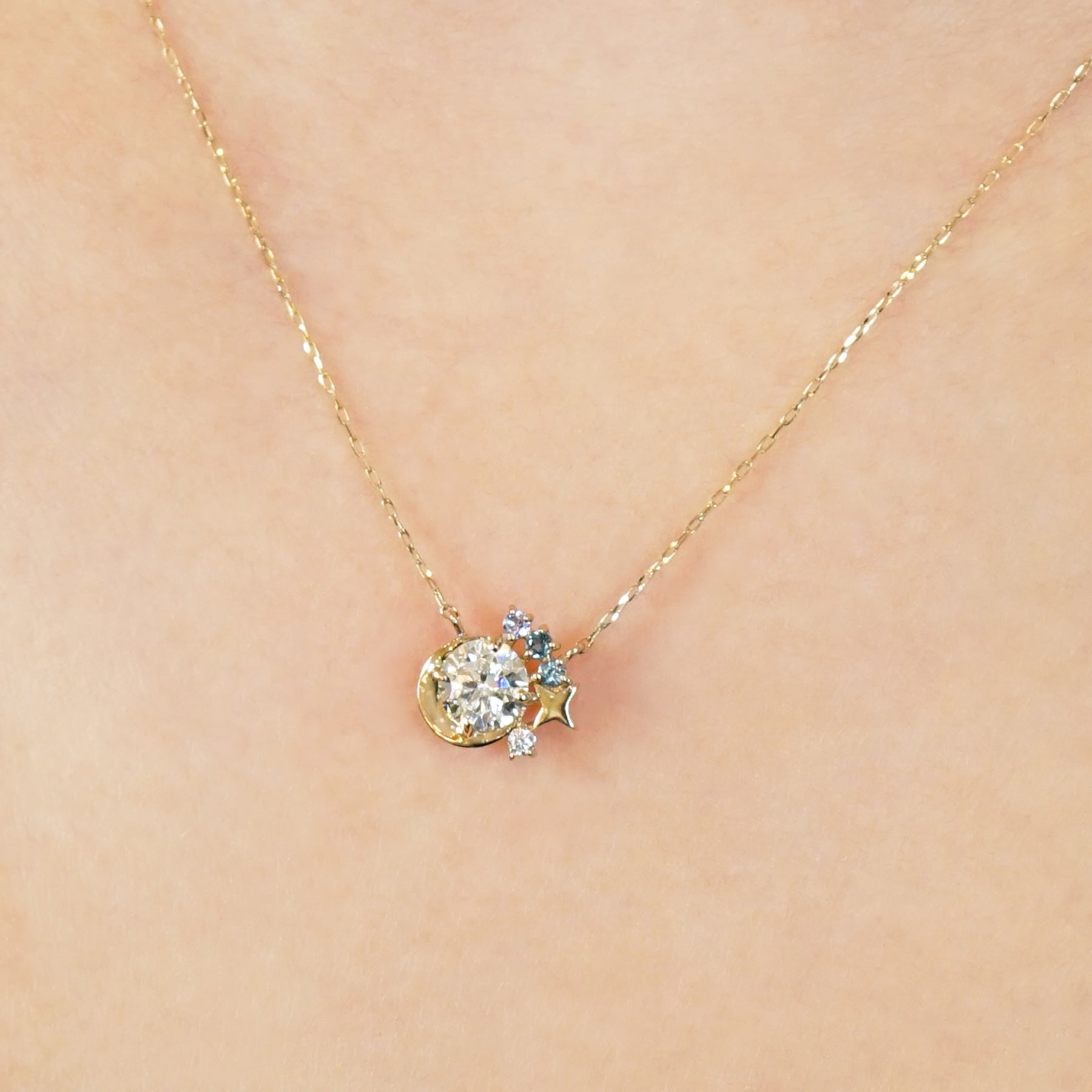10K Moissanite Necklace [Twinkle Star] (Yellow Gold) - Model Image