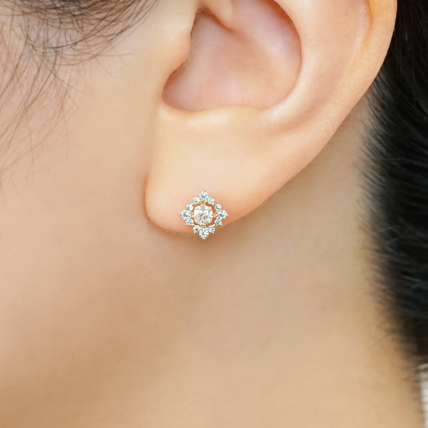 10K Moissanite Earrings [Birth of the Galaxy] (Yellow Gold) - Model Image