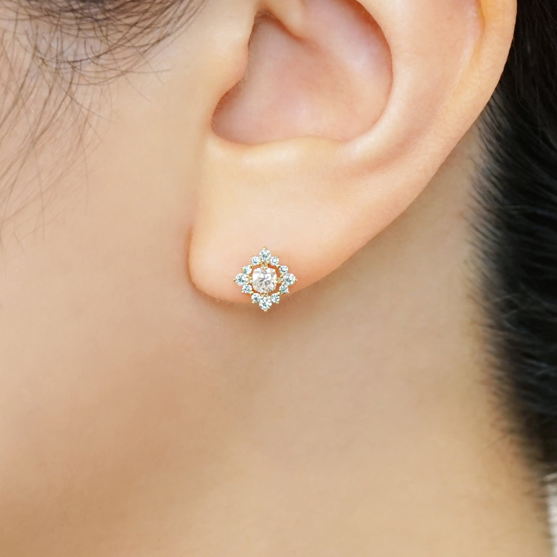 10K Moissanite Earrings [Birth of the Galaxy] (Yellow Gold) - Model Image