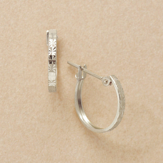 14K/10K Flower Cut Slender Hoop Earrings (White Gold) - Product Image
