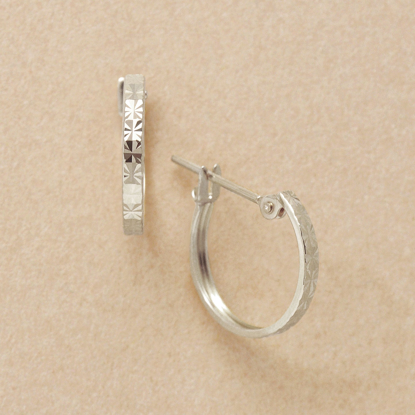 14K/10K Flower Cut Slender Hoop Earrings (White Gold) - Product Image