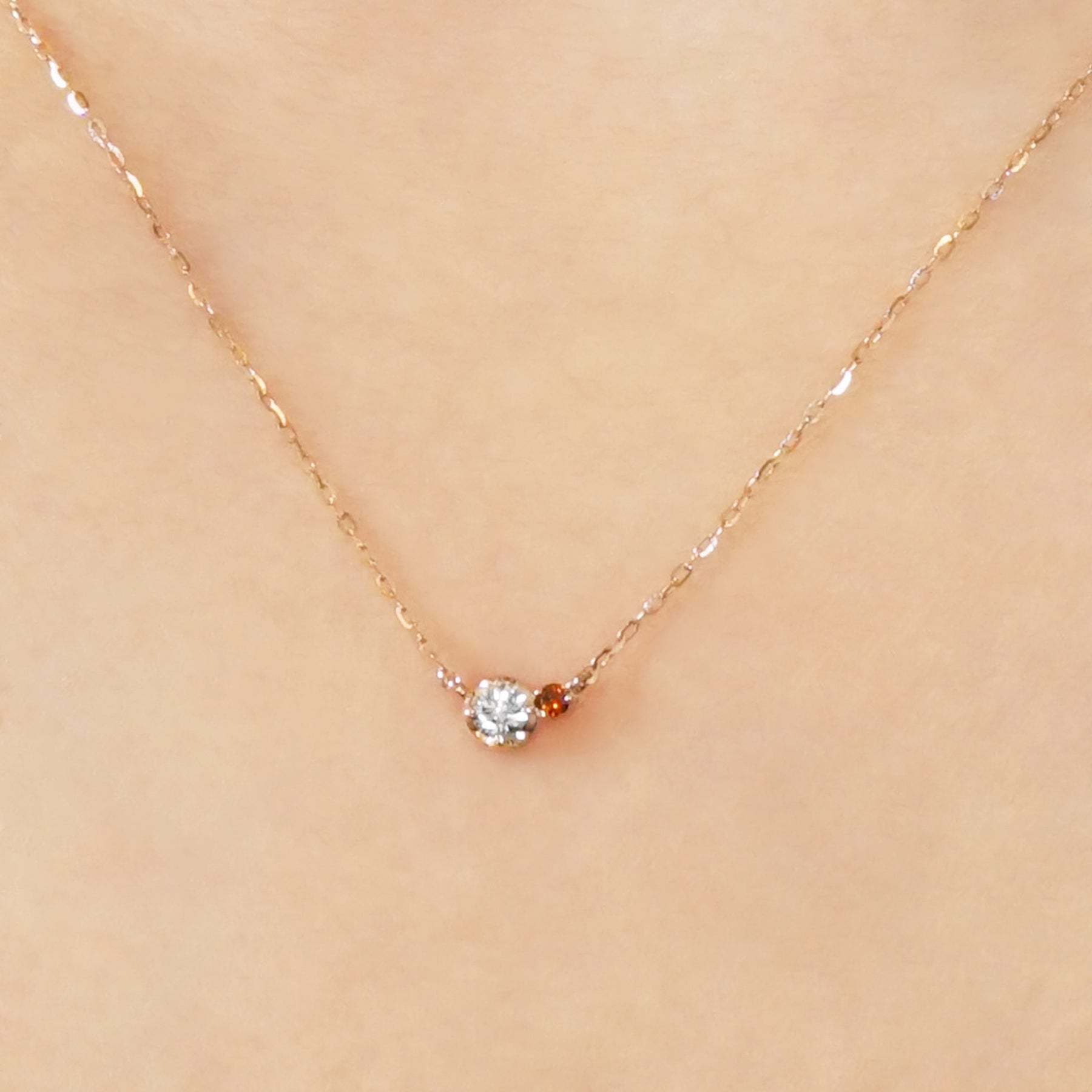 10K Twin Diamond Necklace [Red] (Rose Gold) - Model Image