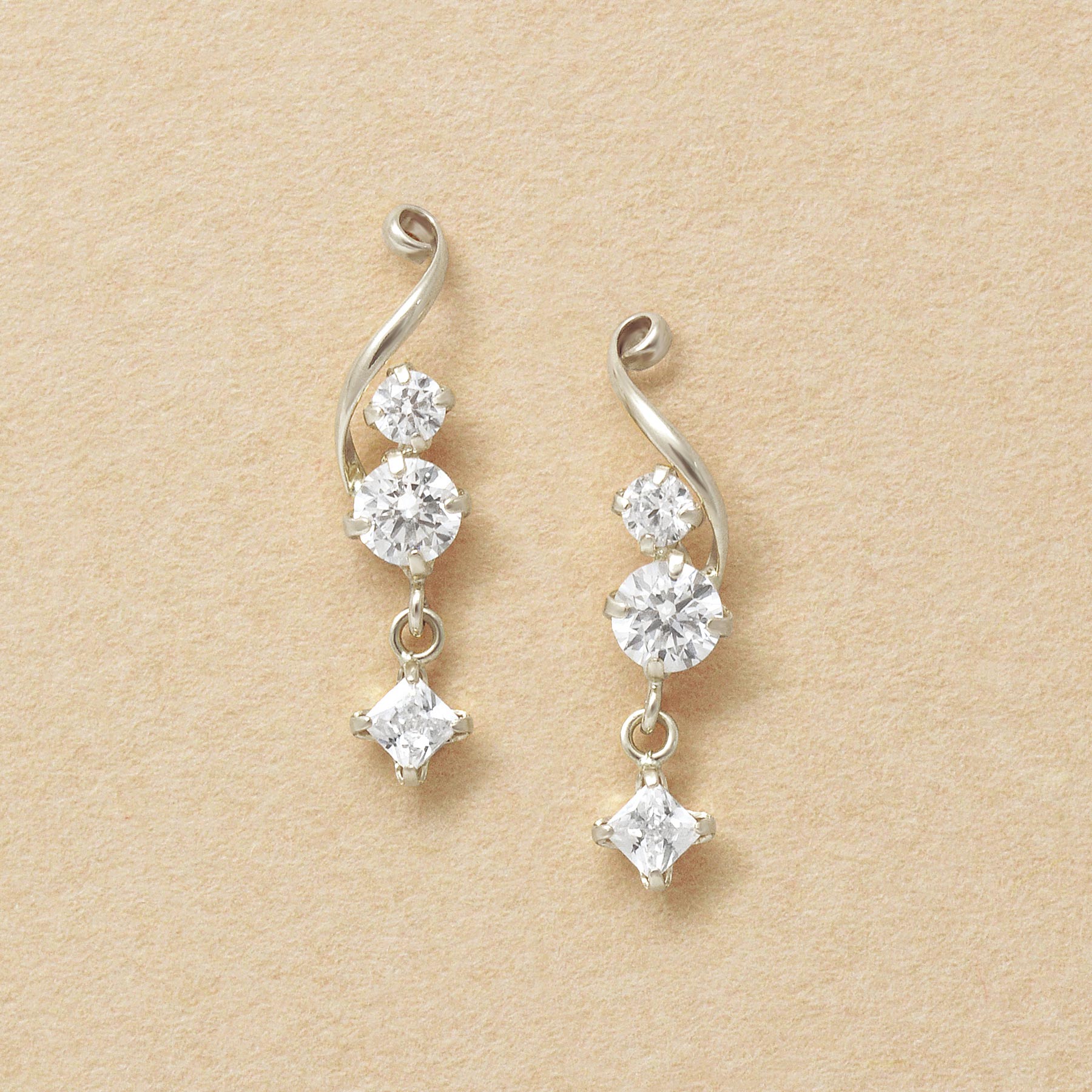 10K Twisted 2-Stone Swinging Square Earrings (White Gold) - Product Image