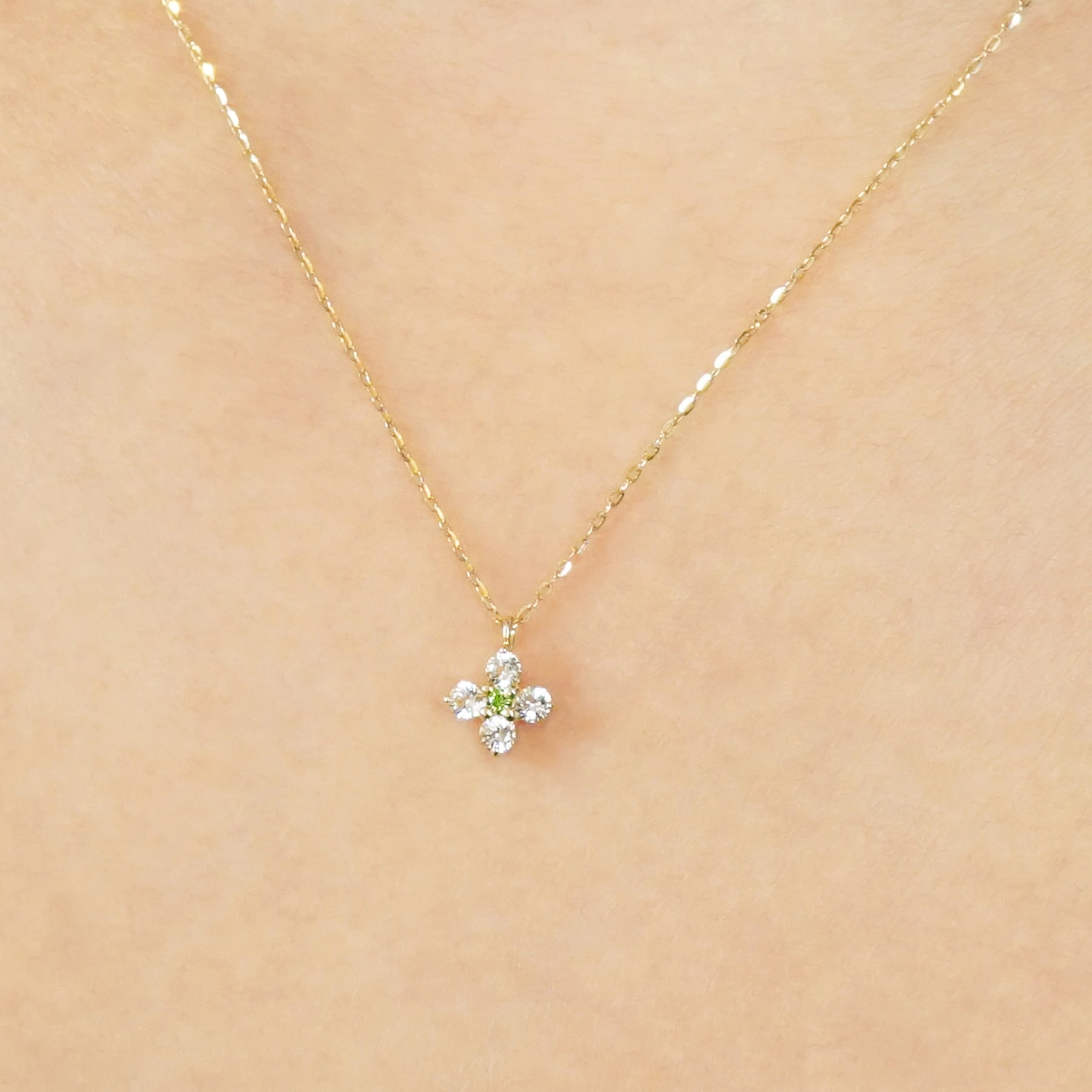 10K Diamond White Topaz Flower Necklace [Green] (Yellow Gold) - Model Image