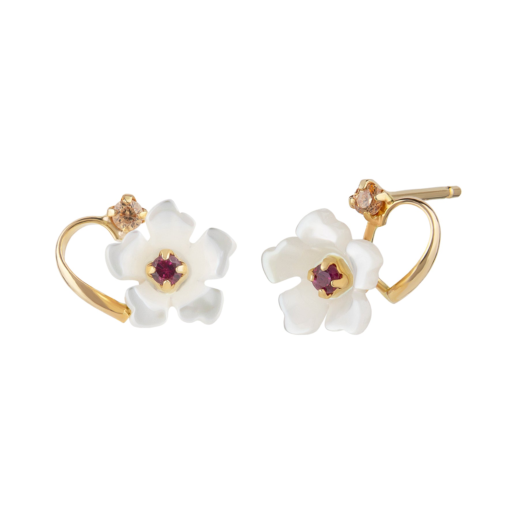 10K Shell Flower Ruby Stud Earrings (Yellow Gold) - Product Image