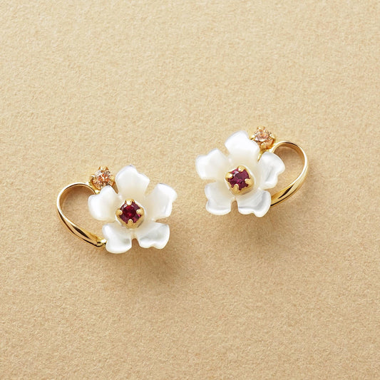 10K Shell Flower Ruby Stud Earrings (Yellow Gold) - Product Image