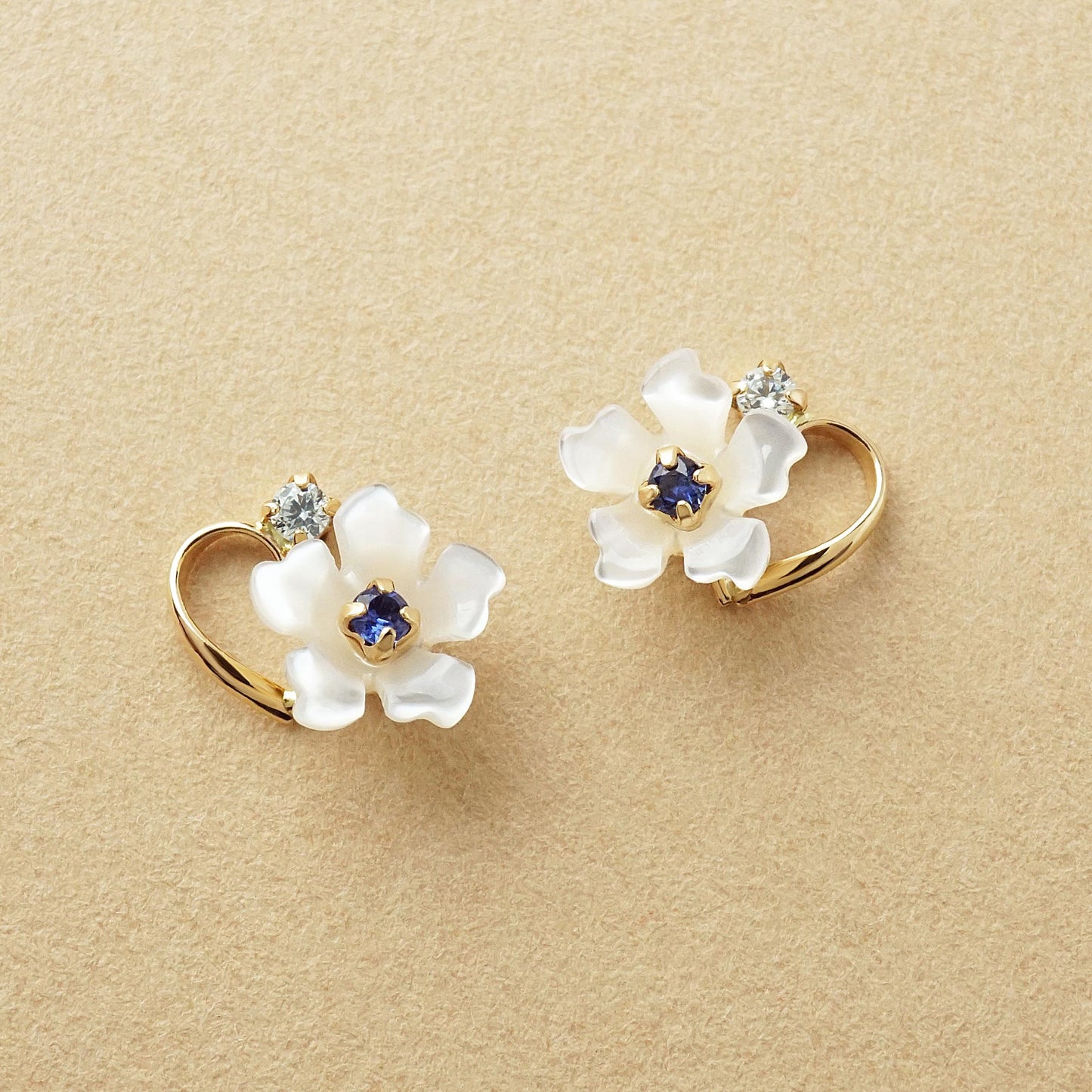 10K Shell Flower Sapphire Stud Earrings (Yellow Gold) - Product Image
