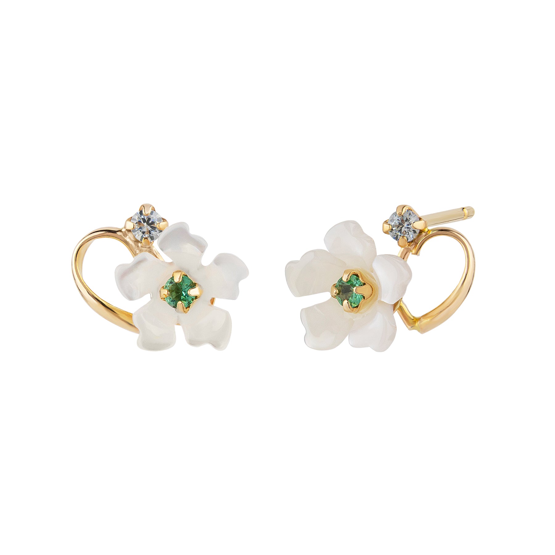 10K Shell Flower Emerald Stud Earrings (Yellow Gold) - Product Image